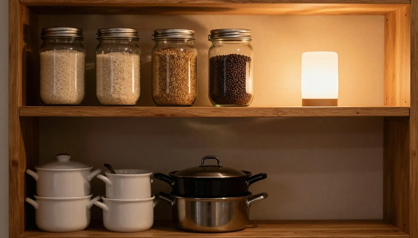 Despensa ordenada en cocina argentina de noche
