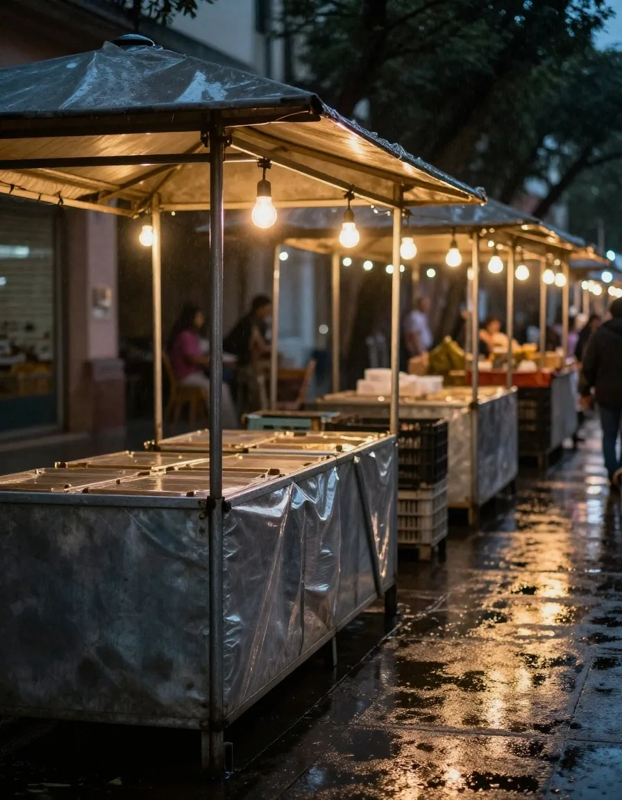 Puesto de feria argentina con precios y pago en efectivo