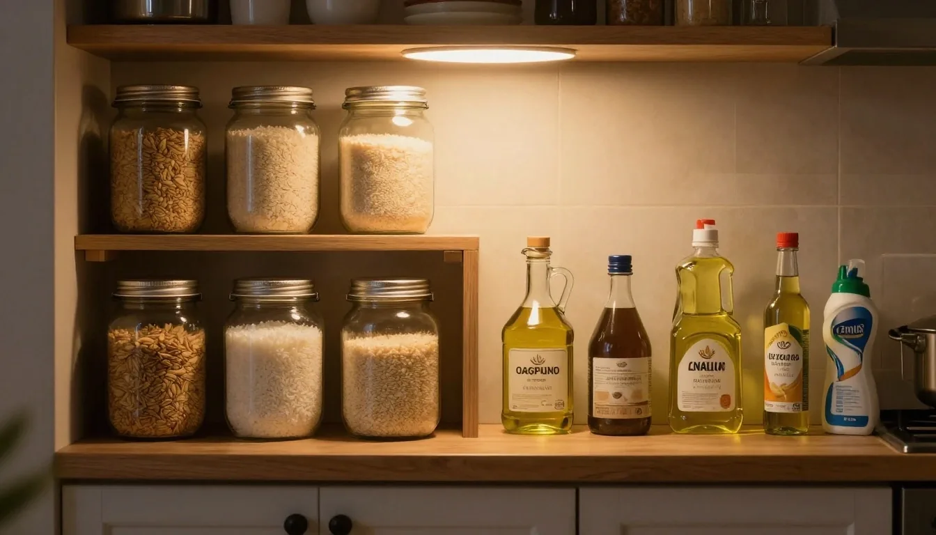 Estantes de despensa ordenados en cocina argentina