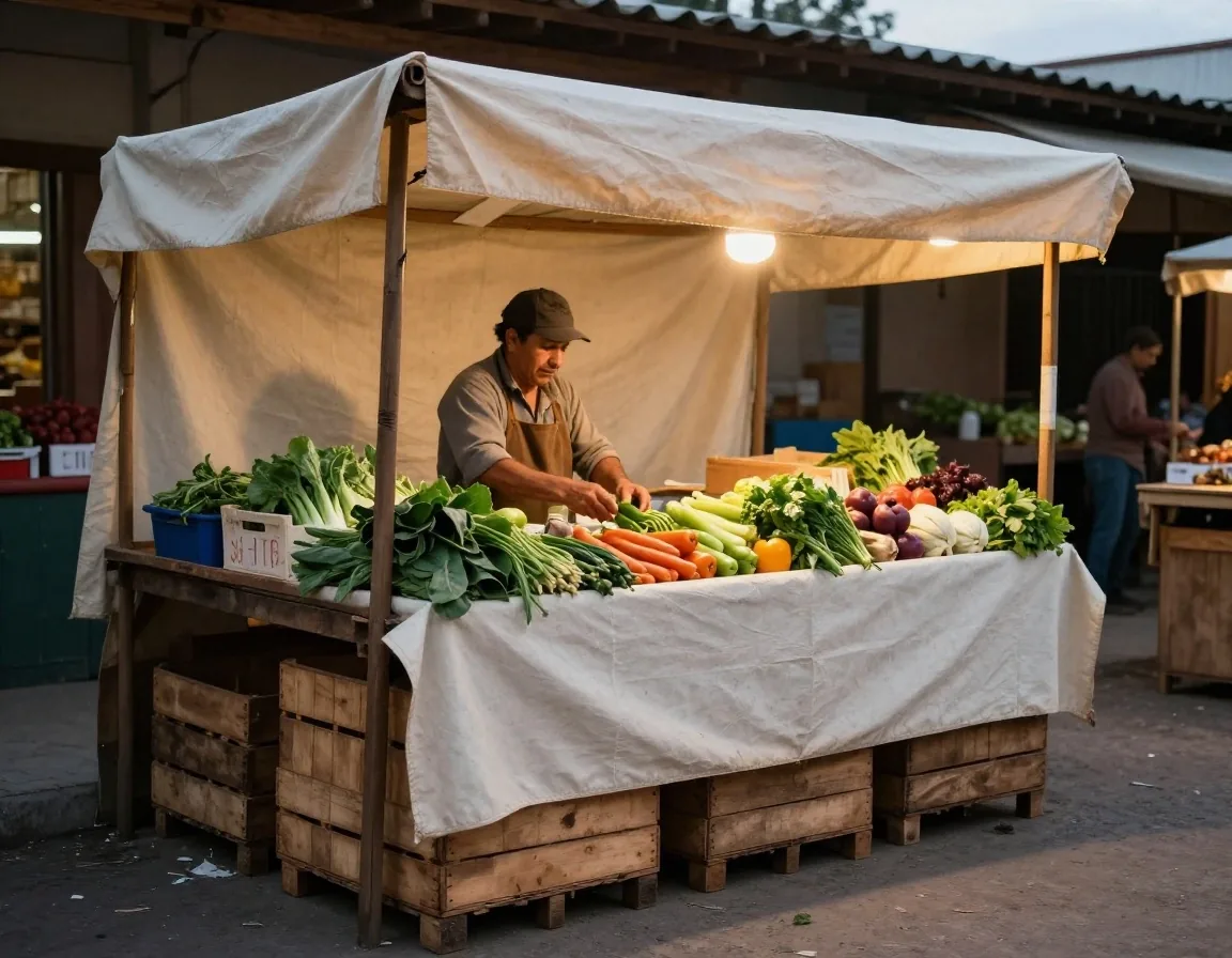 Puesto de feria argentina con precios en pesos