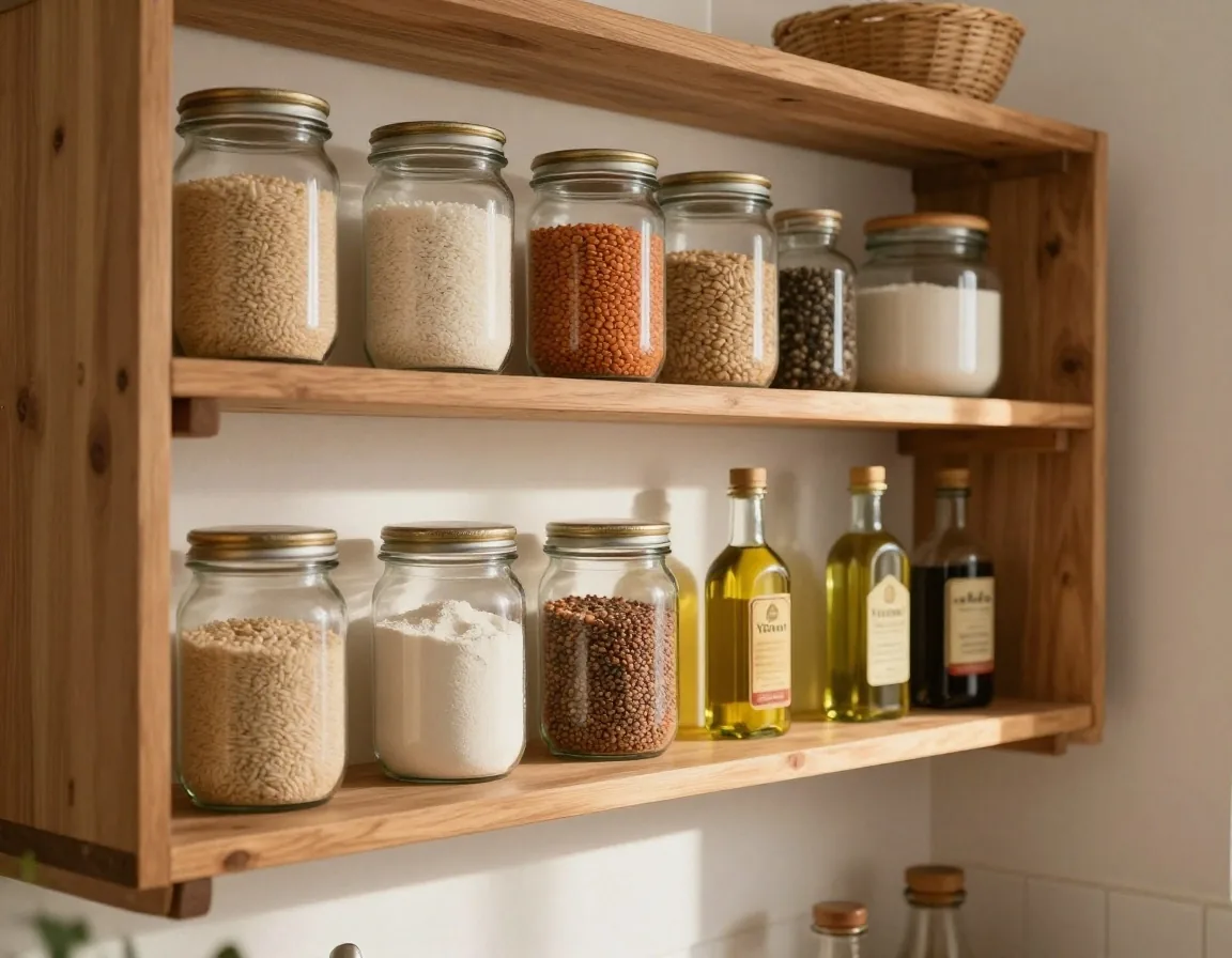 Estantes de despensa ordenada en cocina argentina