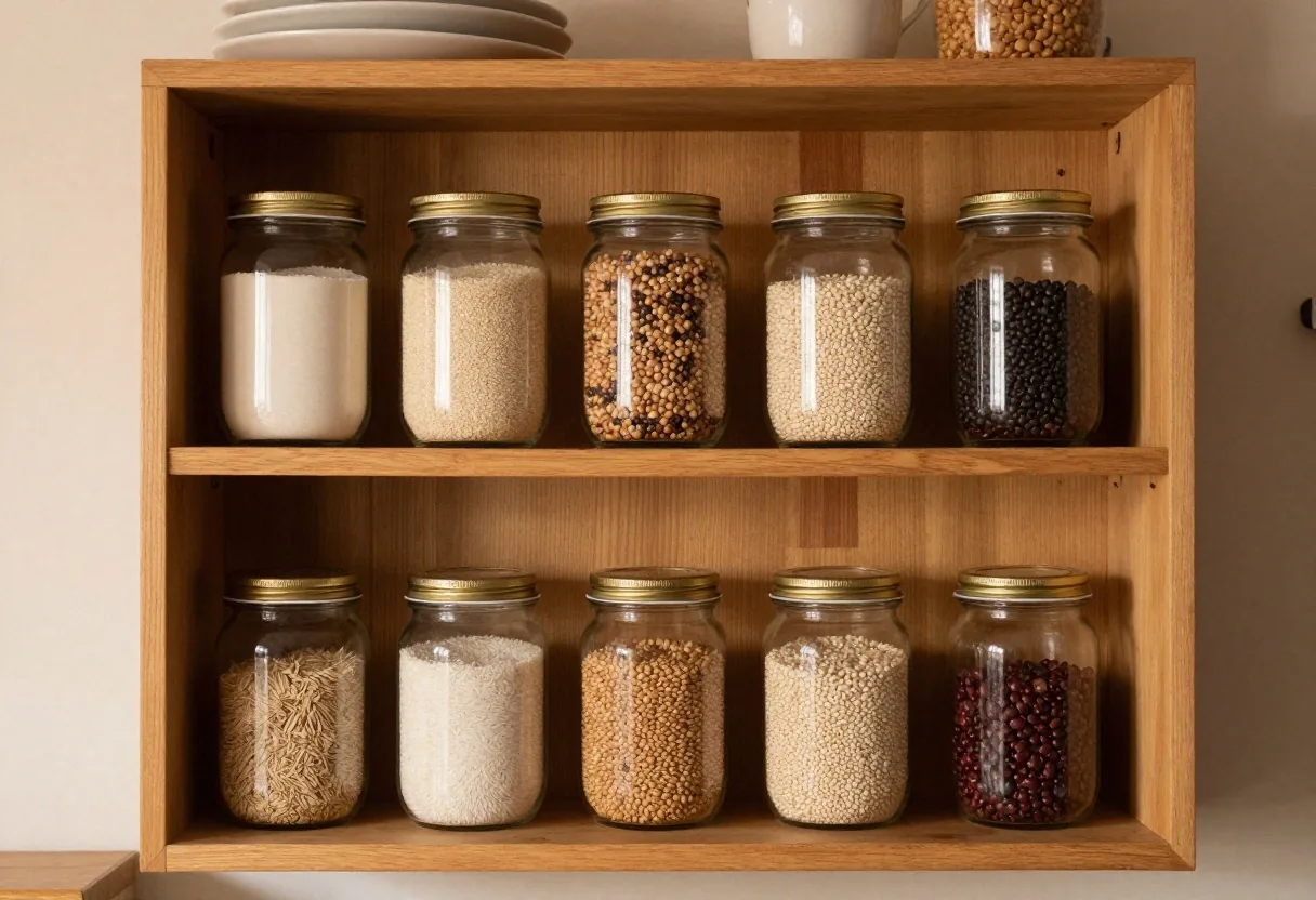 Estantes de despensa ordenada en cocina argentina