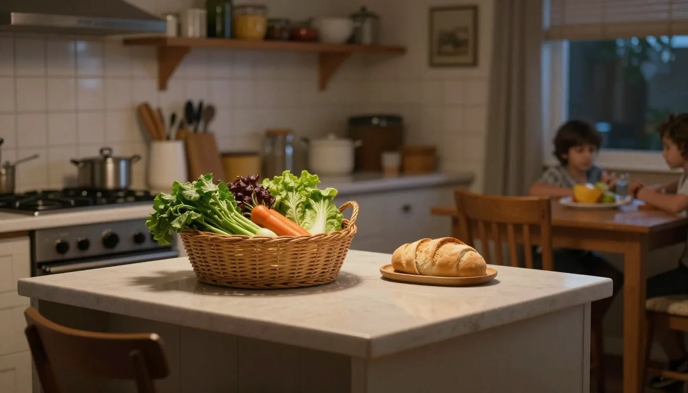 Mesa de cocina con libreta de presupuesto y tickets de almacén
