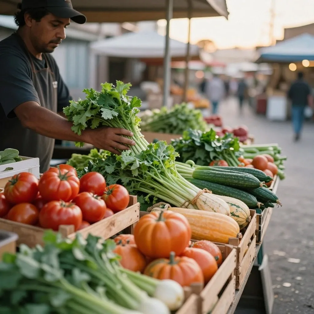 Puesto de feria argentina con verduras y precios en pesos