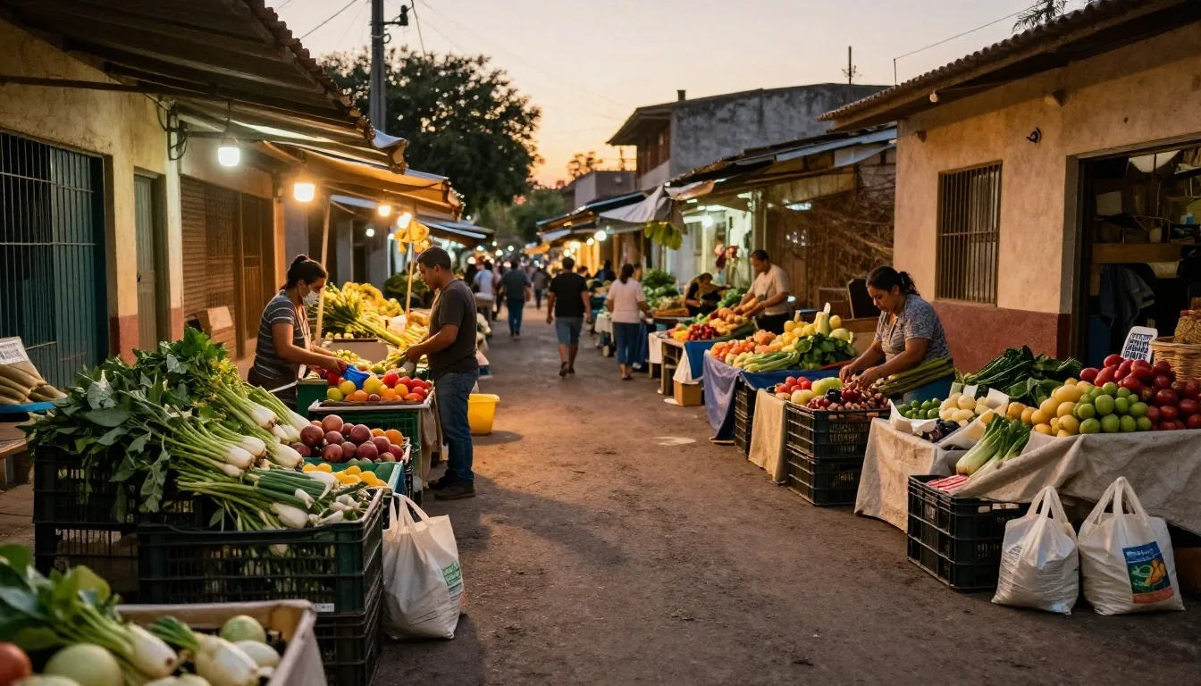 Puesto de feria argentina con precios en pesos